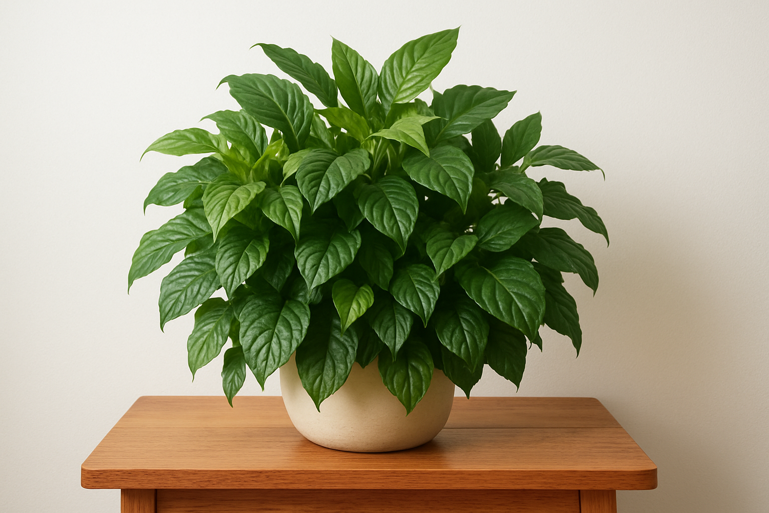 a lush house plant on a table with a white wall background